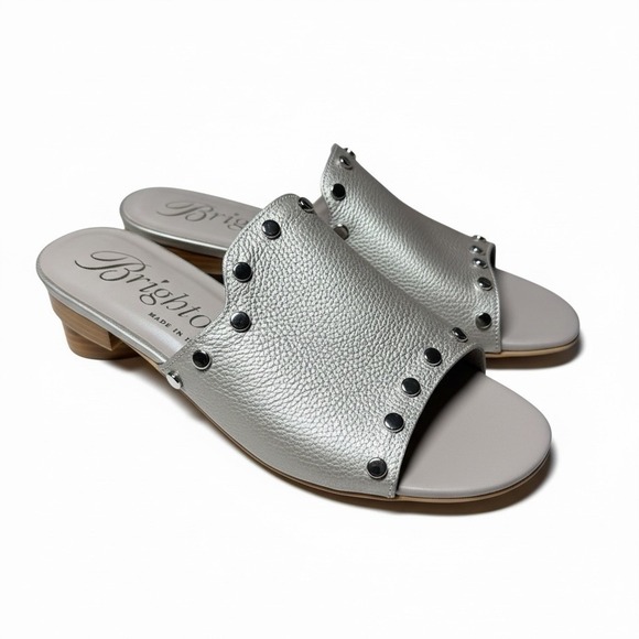 Brighton Shoes - Brighton Womens Night Zinc Leather Studded Slide Sandals Size 9M Made In Italy